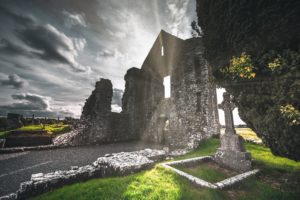 Sunlight shines through church ruins in Trim, Ireland