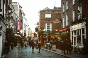 Temple Bar area in Dublin City crowed with tourists and locals.